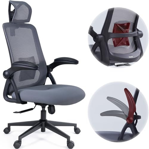 Realm of Thrones CAPTAIN Ergonomic Office Chair for Home, Heavy Duty Steel Base, Versatile Flip-up Armrests, Adjustable Lumbar Support, Mesh Back Comfort Cushion Seat for Computer Desk/Gaming (Grey)