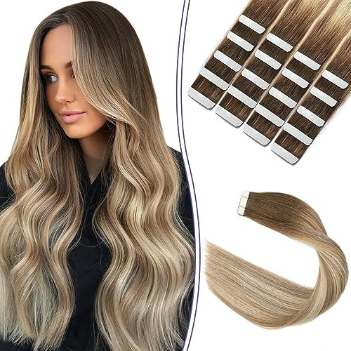 Sindra Tape in Extensions Echthaar Human Hair Walnuss Braun bis Ash Braun and Goldblond 20pcs 50g 35cm Remy Invisible Tape Extensions Echthaar Seidig Gerade T#3/8/22 14 Zoll