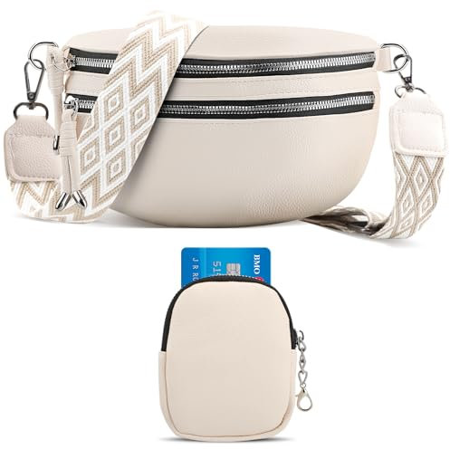 ferlord Umhängetasche Damen Leder, Crossbody Bag Breiter Gurt Stylisch Bauchtasche Damen mit 3 Fächern, Klein PU Leder Handtasche Damen Umhängetasche mit Breitem Schultergurt Elegante