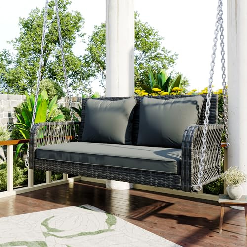 DRIXNO Hollywoodschaukel, Gartenschaukel, Gartenmöbel-Set für den Außenbereich, Graues Rattan, graues Sitzkissen, 2 Sitze, mit Sitzkissen und Rückenkissen, abnehmbar und waschbar
