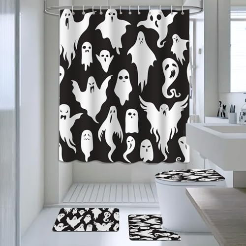 AIBIIN Halloween Shower Curtain Sets 4 Piece Black and White Funny Cartoon Ghost with Non-Slip Rugs Toilet Lid Cover and Bath Mat Cute Fun Bath Curtains for Bathroom Decor with 12 Hooks