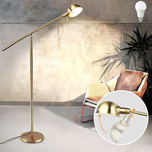 Depuley Metal Floor Lamp, Adjustable Swing Arm Reading Standing Light, 9W Modern Pole Light Brass Standard Lights for Living Room Bedroom Office, E27 Bulb Included, Gold