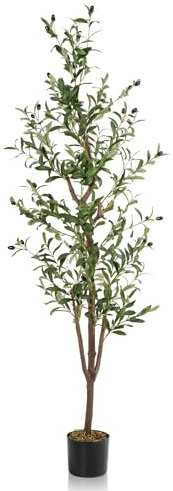 Biracx Künstlicher Olivenbaum, 1,5 m hoch, für den Innenbereich, Seiden-Olivenbaum für Zuhause und Büro, künstlicher Topf-Olivenbaum mit Naturholzstamm und lebensechten Früchten, 1 Packung