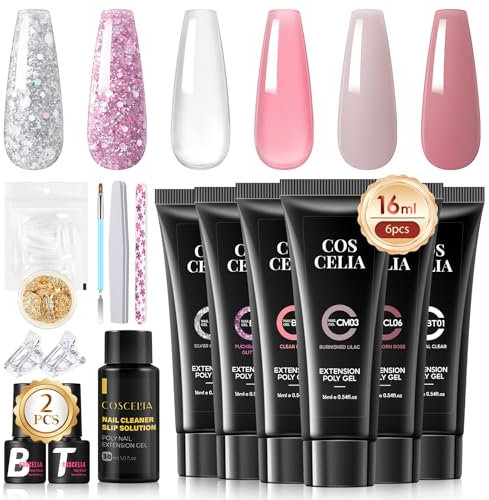 COSCELIA Poly Nail Ongle Gel Kit 16pcs, Gel à ongles Poly en 6 Couleurs 16ml Poly Extension d'ongles en Gel et Base &Top Coat Faux Ongles Slip Solution pour Nail Manucures
