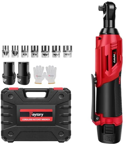 EFAN 3/8 Inch Cordless Electric Ratchet Wrench, 12V Ratchet Wrench Kit, 40N.m 2300RPM Power Wrench Tools with 2¡Á2.0Ah Batteries and Charger, Max. 40 N.m, 7 Sockets - Red