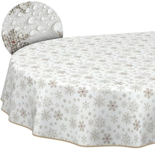 Weihnachtstischdecke Stofftischdecke Tischdecke Weihnachten abwaschbar pflegeleicht Weihnachten Schneeflocken Oval 220x140cm mit Saum (Eingefasst)