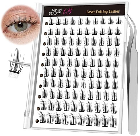 VEYESBEAUTY Cils Auto-Adhésifs 48 Clusters Self Adhesive Lash Faux Cils Auto Adhésifs 100pcs avec Pincettes(Sunray Lash 10-18mm)