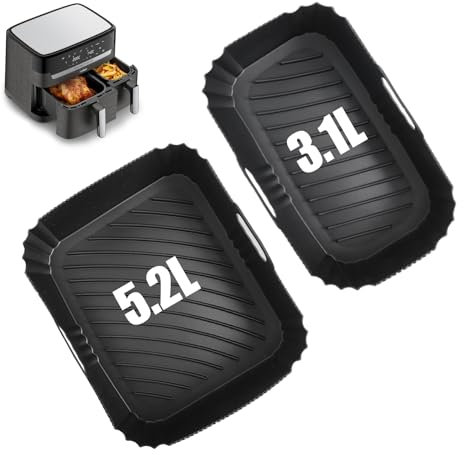 Silicone Air Fryer Liners Set of 2, 5.2L & 3.1L Rectangle Airfryer Liners, Reusable Air Fryer Silicone Trays Compatible with Lakeland 26920, Tower T17099, Salter EK5729, Tefal EY901840, Netta, EUARY