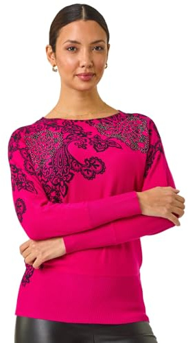 Roman Originals Women Diamante Embellished Jumper Ladies Sparkly Sequin Sweater Batwing Autumn Winter Sparkle Knit Knitwear Glittery Shiny Casual Evening Going Out Party - Magenta Noir - Size 12