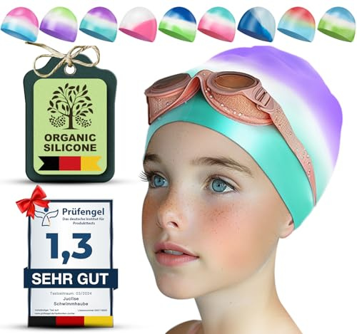 Juclise Silikon Badekappe Mädchen, Kinds und Jungen Wasserdicht für Lange und Kurze Haare UV Schutz, 1-2 Stück (Lila Grün, 9-15)