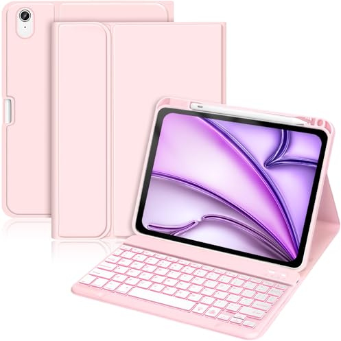 Palkitsee Keyboard Case for iPad Air 11 inch M4 2026 M3 2025 M2 2022/iPad Air 5 4 2022 2020 10,9 inch Case with Keyboard-Backlit Detachable, Folio Cover with Pencil Holder (Pink)