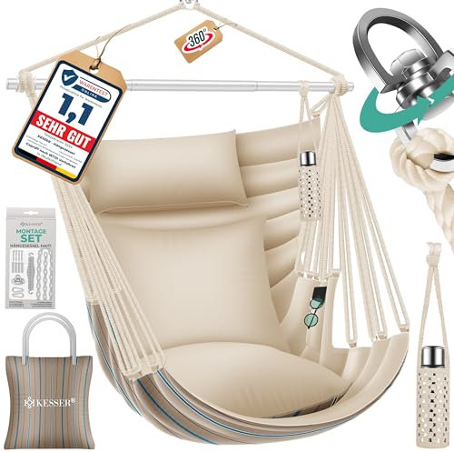 KESSER® Hängesessel Haiti 150kg Traglast, Hängestuhl 360° Drehung, Hängeschaukel Indoor-Outdoor UV-beständig & Wasserfest, Pflegeleicht, Inkl. 2 Kissen, Tragetasche, Flaschenhalter & Montage-Set