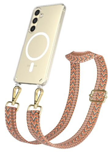 EAZY CASE Handykette - Verstellbares Taschenband kompatibel mit Galaxy S24, Schulterriemen, Handykordel mit Silikon Hülle, Qi Charging kompatibel, Umhängetasche, Orange Grün Gold