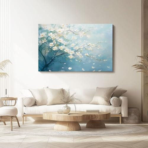 Generisch Hochwertige Bild auf Leinwand 120L x 50B cm Moderne Frische Blumenzweige Fotoleinwand ohne Rahmen | Als Geschenk oder für Zuhause Persönlich, langlebig Weiß Hellblau