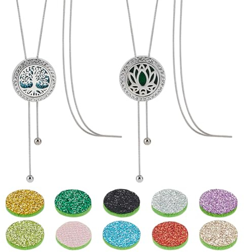 PH PandaHall 2 Styles Halskette Mit Diffusor Für Ätherische Öle Pulloverkette Aroma Lange Halsketten Verstellbare Parfümkette Aus Edelstahl Mit 20 Glitzerpads Für Damen Schmuck Geburtstagsgeschenk