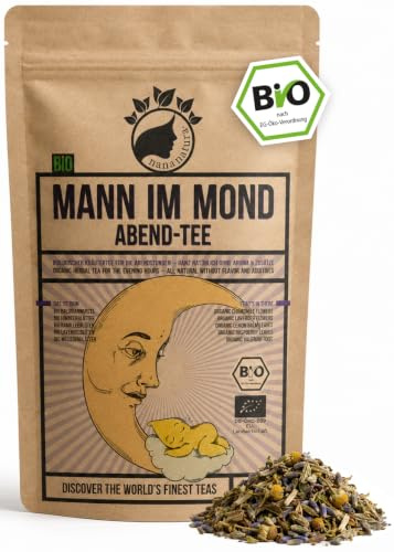 NanaNatura's BIO Abendtee MANN IM MOND - 100g | Kräuter-Tee für für Entspannung & Auszeit am Abend – mit Baldrian, Lavendel, Melisse & Kamille – mild-blumig & koffeinfrei