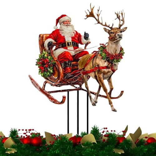 Weihnachtsstecker - Weihnachts-Gartenstecker 30x20cm Acryl 100g Wetterfest | Bunte Santa Claus Yard Stakes Deko Outdoor Gartendekoration Rentierschlitten Weihnachtsmann Hofdeko Weihnachten