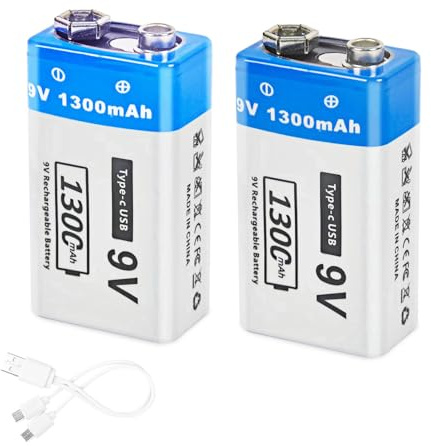 9V Rechargeable Battery, 1300mAh 9 Volts Li-Ion Batteries for Multimeters, Cameras, Security Devices, Musical Instruments, Industrial Instruments etc, with Charging Cable, 2 Packs