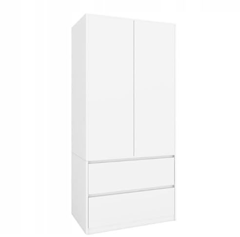 SerwisBox Armoire moderne blanche de 90 cm de large, 180 cm de haut, panneau laminé, 2 tiroirs, 2 portes avec tringle à vêtements et étagères, armoire de chambre à coucher