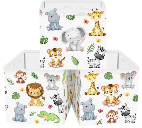 HUUMONSS 11.8 Storage Basket Set of 3 Kid Toy Storage Bin | Collapsible, Metal Frame & Bottom Board, Closet Nursery Pantry Shelf Bedroom, Blanket Clothes Book Gift, Scattered animals
