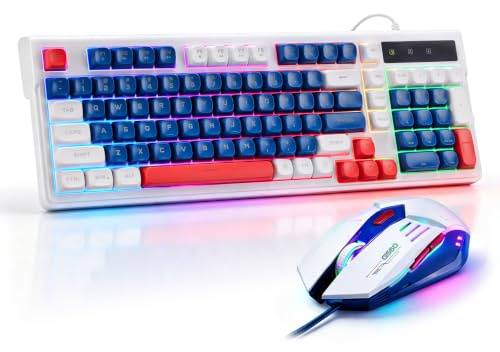 Wired Gaming Keyboard and Mouse,Rainbow LED Mechanical Feeling Gaming Keyboard and 3600DPI Mouse Combo with 19-Keys Anti-Ghosting, 98keys Compact Style,Plug & Play to PC,Laptop,Windows-Blue and White