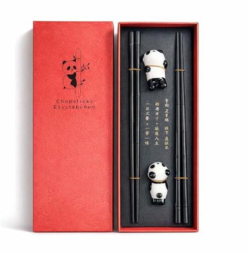 2 Pairs Reusable Chopsticks Gift Set, PET Alloy Chopsticks with Panda Rest | Dishwasher Safe, Non-Slip Square Design, Elegant Gift Box for Sushi, Noodle & Asian Food Lovers