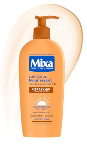 MIXA Lait Corps Autobronzant Progressif Peaux Sèches Karité Abricot 250ml | Actif autobronzant origine végétale, Hâle naturel uniforme, Hypoallergénique non collant, Flacon 100% plastique recyclé