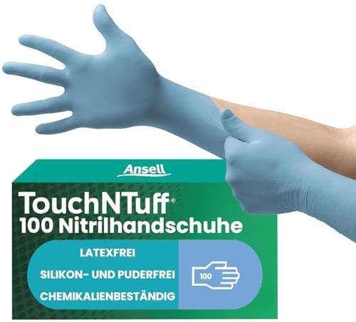 Ansell TouchNTuff 92-665 Guantes Nitrilo Desechables, Protección contra Salpicaduras Químicas, Guantes Trabajo Industrial, Guantes Desechables Sin Polvo y Sin Latex, Azul, Talla M (100 Guantes)