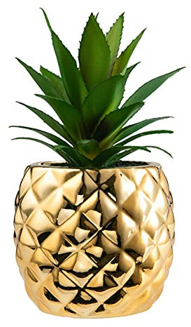 Künstliche Sukkulenten-Pflanze im Topf, 19,8 cm hoch. Porzellantopf in Ananasform, Home & Garden Dekoration gold