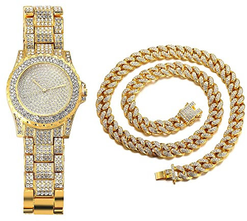 Halukakah Diamant Vergoldete Uhr, Herren 18 Karat Echt Vergoldet Quarzarmband 22cm,mit Kubanischer Kette 45cm Halskette,Volle Cz Labordiamants Zinken-Set,KOSTENLOSE Geschenkbox