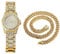 Halukakah Diamant Vergoldete Uhr, Herren 18 Karat Echt Vergoldet Quarzarmband 22cm,mit Kubanischer Kette 45cm Halskette,Volle Cz Labordiamants Zinken-Set,KOSTENLOSE Geschenkbox