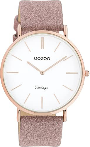 Oozoo Vintage Armbanduhr mit Glitzer Lederband 40 MM Rosegoldfarben/Weiß/Pinkgrau C20150