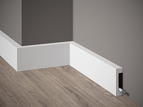 Mardom Decor | MD008P | Premium | gerade Sockelleiste mit satiniert matt weißer Oberfläche und Kabelkanal | 200 x 8,0 x 1,7 cm