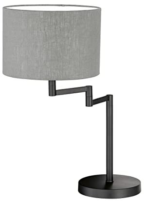 Fischer & Honsel Tischleuchte Rota, Schreibtischlampe mit verstellbarem Lampenschirm aus Leinen, 1 x E27-Fassung, Sandschwarz, Grau & Weiß, Höhe: 55,5cm, Ø30cm
