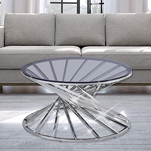 ZOONFA Silver Tea Table with Black Grey Tempered Glass Top- Stunning Chrome Stainless Steel Leg Large Circle Coffee Table for Home Living Room (Silver)