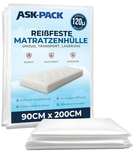 ASK Pack Matratzenhülle 90 x 200 cm – Extra dicke 120 µm Schutzhülle für Matratzen – Reißfester Staubschutz für Umzug,Transport & Einlagerung