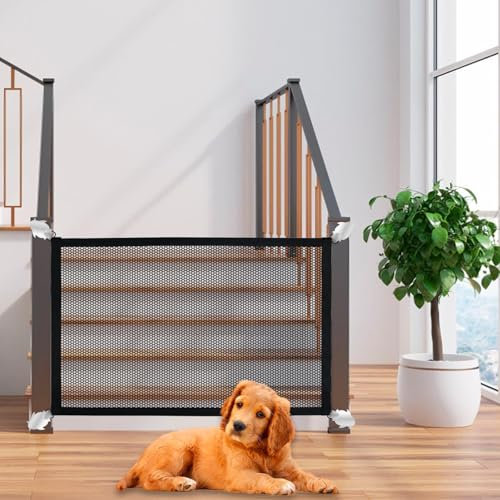 Dog Gates for The House, Malydyox Mesh Baby Gates for Stairs with Portable Safety Fence Easily Install Anywhere, Child Gate for Doorways with 4pcs Loops and 8pcs Penguins Shape Hooks, 120cm x 72cm