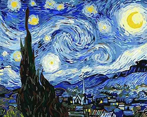 TISHIRON DIY Peinture par Numéro, la nuit étoilée Adultes Peinture par Numéros, Nuit Paysage DIY Peinture par Numéro Kit pour Adultes Enfants étudiants Débutant, Peinture à l’huile Arts 16X20 Pouces