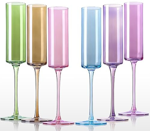 comfit Champagne flutes -Square champagne flutes with multi color Modern Colored Champagne Glasses Set of 6, Lead-free Premium Crystal, Gifts for Weddings, 6.5 oz