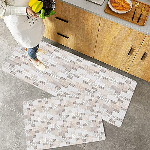 Küchenteppich Teppich Läufer Küchenläufer 2 Stück rutschfest,Asiatisches, orientalisches Schachbrettmuster-Rasterfeld-Art-Patchwork-Entwurfs-Mosaik Orn, Waschbar für Flur Küche 40 x 100 cm+40 x 60 cm