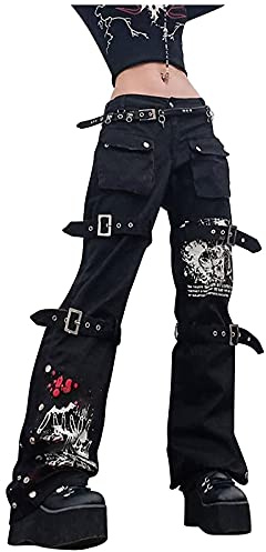 IQYU Pantalones Punk para Mujer, Cintura Baja, Cargo Holgados, Góticos, Calavera, Adolescentes, Niñas, Vaqueros, Tendencia, Hip Hop, Grunge E-Girl, Ropa Y2k, Tallas Small, Color Negro