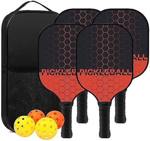 Pickleball Set, Pickleball Schläger mit Fiberglas Oberfläche Pickle Ball Paddles mit 4 Bällen Ausrüstung und Tragbare Rucksack, Pickleball Sport für Anfänger/Freizeitspieler