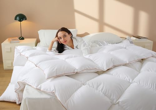 Puffy vit fjädertäcke överdimensionerad kung med fjädrar dunfiber fylld, hela säsongen fjäder täckinsats, 100% bomull lyxhotellsamling, 8 hörnöglor