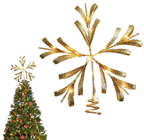 Pomurom Weihnachtsbaumspitze Schneeflocke Gold mit LED-Lichterkette, Kreative Christbaumspitze Weihnachten Baumspitze Deko, Weihnachtsbaum Schneeflocke für Zuhause Büro Weihnachtsbaumschmuck