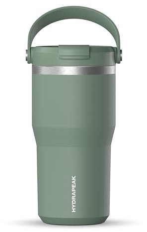 Hydrapeak Nomad - Vaso de 24 onzas con asa y tapa para sorbo, vaso a prueba de fugas, tapa de vaso con pajilla, vaso con doble aislamiento, 24 onzas, acero inoxidable (hoja de salvia)