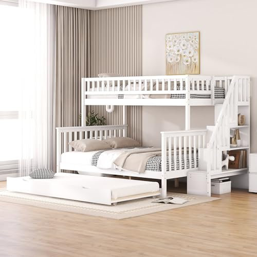 RCBDBSM Etagenbett, Hochbett 140 x 200 cm | 90x200 cm, Stockbett für 3 Kinder, Kinderbett mit Lattenrost, Etagenbett 3 Personen, Doppelbett Hausbett, Kinderzimmer mit Rollbett und Treppe