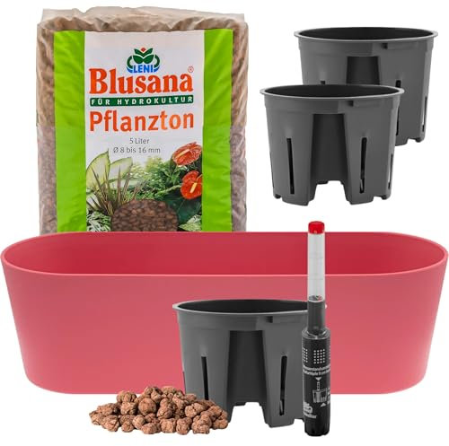 Leni Flori Jardiniere Blumentopf länglich 36 cm Himbeer/rot Hydrokultur-Komplett-Set mit Übertopf Hydro-Töpfen Wasserstandsanzeiger & Pflanzton