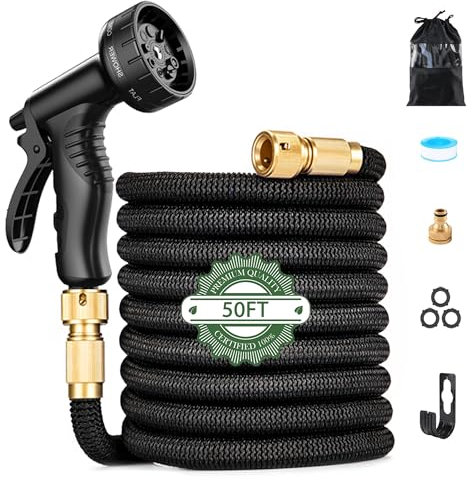 Flexibler Gartenschlauch, 1/2 zoll 15 m Erweiterbarer Gartenschlauch, Dehnbarer Gartenschlauch Sprühdüsen Adapter Set für Gartenbewässerung Rasen Haustierbaden Autowaschen (Schwarz 50FT/15 m)