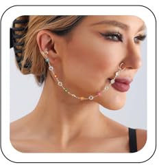 Wendalern Faux anneau de nez punk ethnique avec chaîne pompon non percé, chaîne de nez à oreille à paillettes dorées, bijoux de nez à oreilles indiens, accessoires de corps pour femmes et filles,