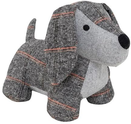Sujetapuertas Peluche Perro Salchicha con Estampado Cuadros Gris, Sujetador Tope Puerta de Tela Decorativo, 31 cm